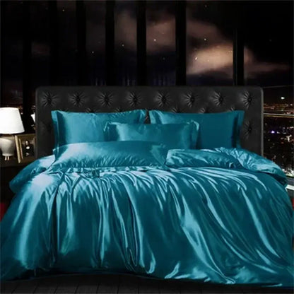 Decorbites luxury mulberry silk teal satin bedding set with matching pillows and tufted headboard for duvet cover use