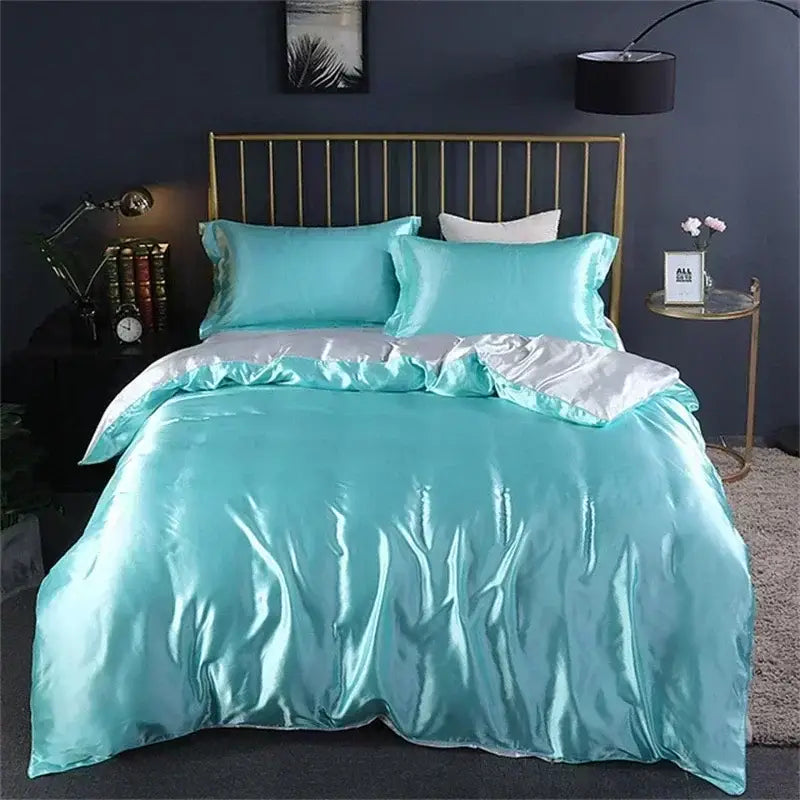 Decorbites™ luxury mulberry silk turquoise satin duvet cover bedding set with subtle silver trim