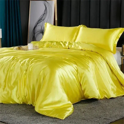 Vibrant yellow decorbites luxury mulberry silk bedding set with duvet cover featuring smooth glossy satin finish
