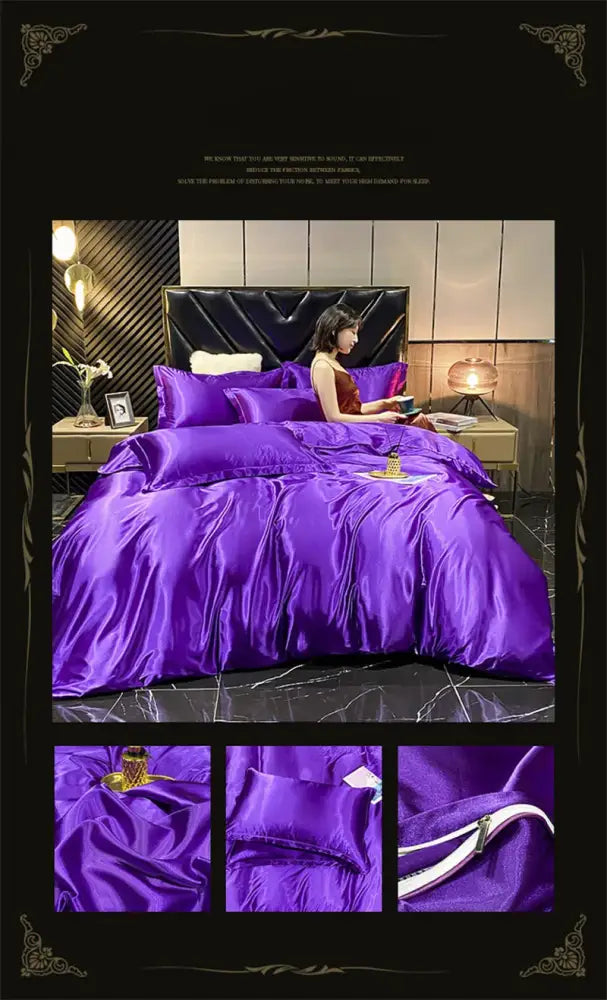 Vibrant purple satin four-piece mulberry silk bedding set with duvet cover and matching pillowcases by DecorBites™ luxury