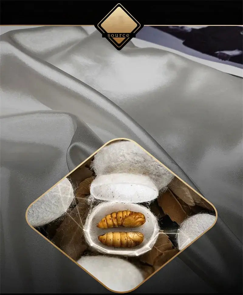A white ceramic bowl with golden-brown silkworms among silk cocoons illustrating DecorBites luxury mulberry silk bedding set