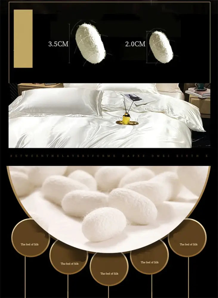 White silk cocoons of various sizes displayed next to the DecorBites™ luxury mulberry silk bedding set with satin duvet cover