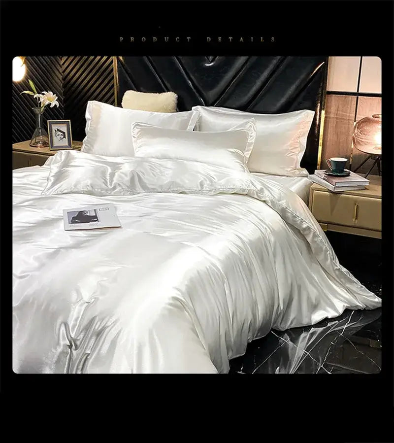 Decorbites™ luxury mulberry silk white bedding set with duvet cover features a glossy smooth satin texture and elegant sheen
