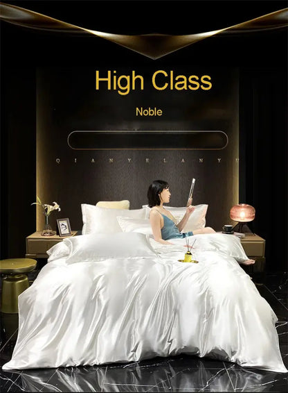 White satin duvet cover set with luxurious sheen in decorbites™ luxury mulberry silk bedding set on elegant bed