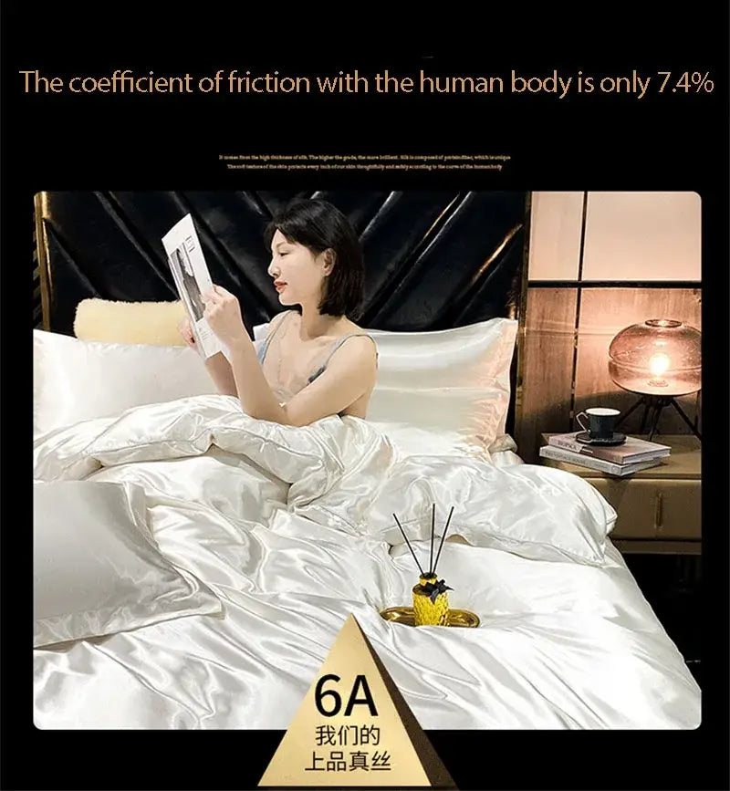 White satin duvet cover with smooth glossy finish and elegant folds in decorbites luxury mulberry silk bedding set