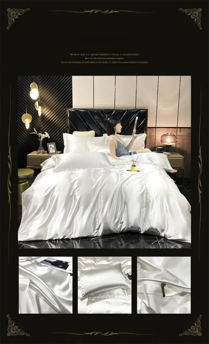 White satin duvet cover bedding set with glossy finish and matching pillowcases from decorbites luxury mulberry silk collection