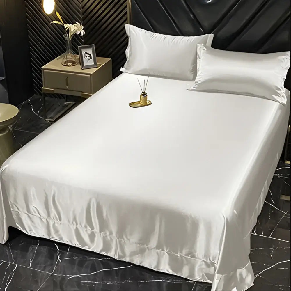 White satin mulberry silk bedding set sheet with subtle sheen and ruffled hem from DecorBites luxury duvet cover collection