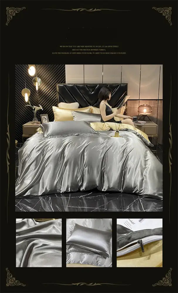 Decorbites luxury mulberry silk queen size silver satin bedding set with matching pillows and quilted headboard