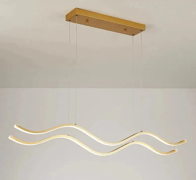Gold-toned modern pendant light with two wave-shaped led strips for dining room luxury nordic chandeliers by DecorBites