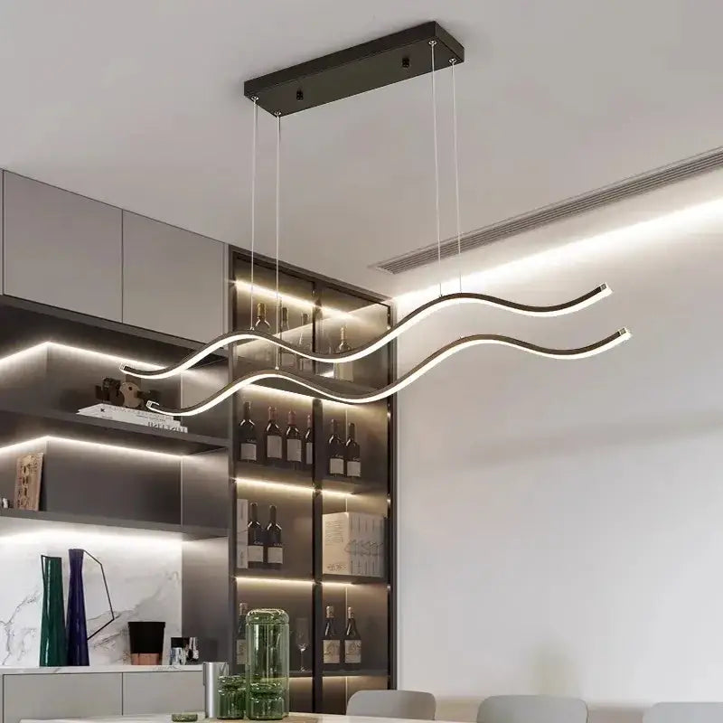 Modern minimalist pendant light with wave-shaped led strips in brushed metal for dining room luxury nordic chandeliers