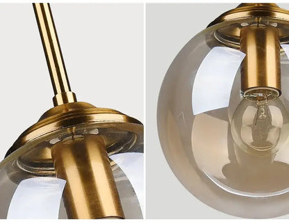 Brass-finished spherical glass pendant luxury nordic led chandelier with visible filament bulb for dining room use