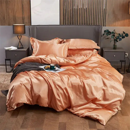 Glossy peach rayon satin decorbites luxury bedding set with matching pillows and pcduvet cover for width bed sizes