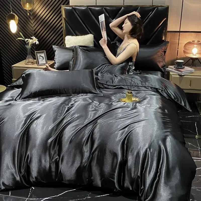 Black satin DecorBites™ luxury rayon silk bedding set king size with glossy finish pcs duvet cover included