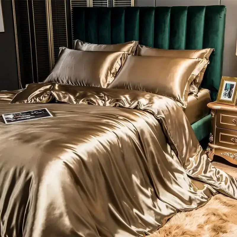 Glossy gold satin DecorBites luxury rayon silk bedding set king size with elegant flowing drape and duvet cover pcs design