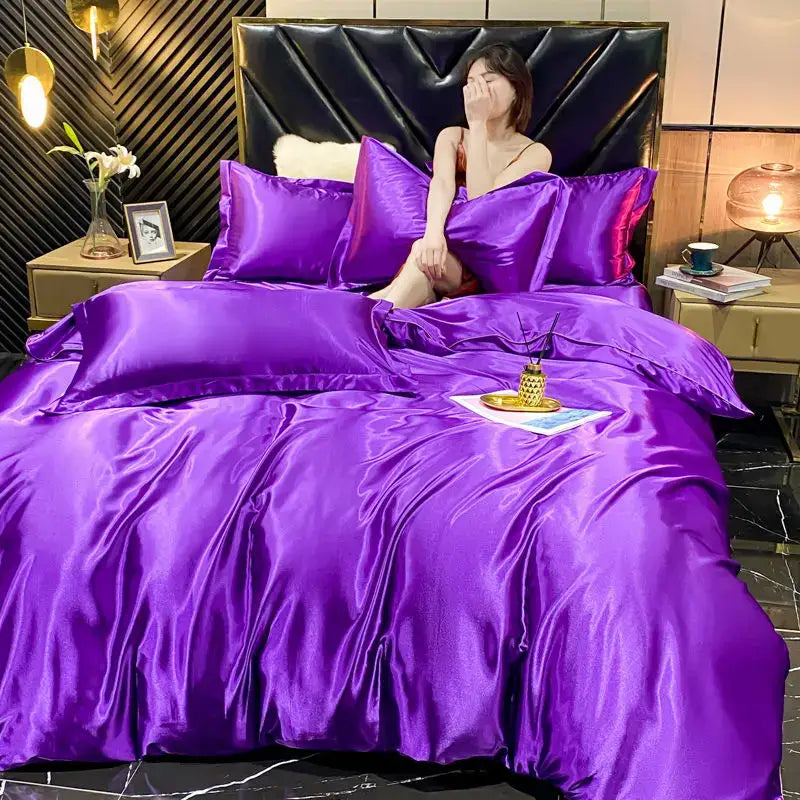 Decorbites luxury rayon silk king size bedding set in lustrous purple satin with glossy finish pcs duvet cover and pillows