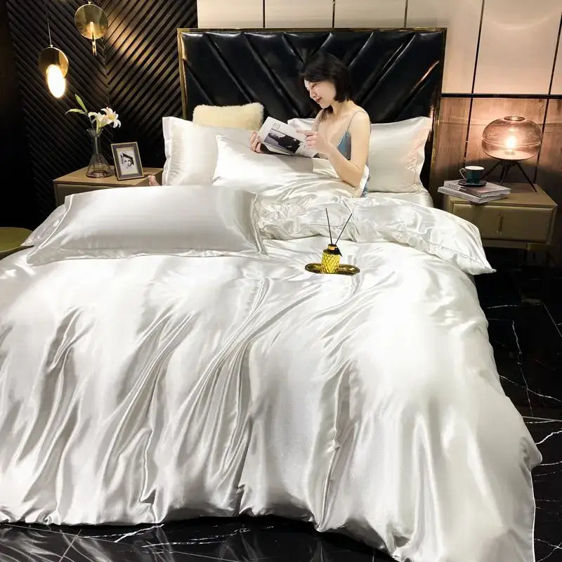 Shiny silver satin rayon silk bedding set with matching pcs duvet cover and plush black headboard king size