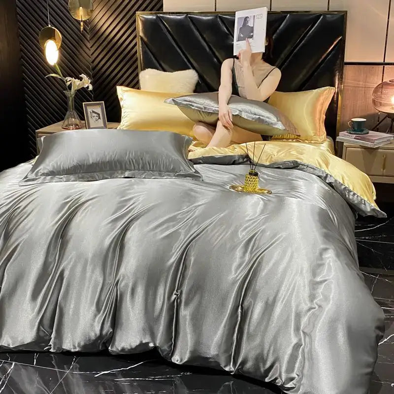 Silver satin rayon silk king size duvet cover set with matching pillows and gold accents by DecorBites luxury bedding set