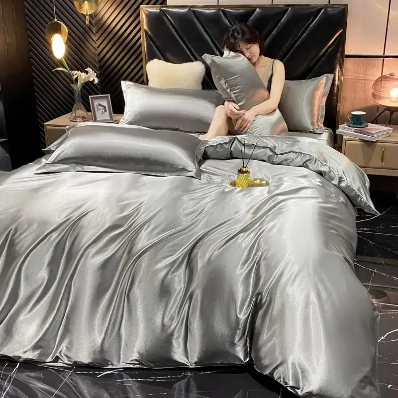 Decorbites luxury rayon silk bedding set king size in silver satin with glossy finish duvet cover pcs duvet cover