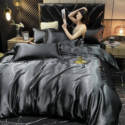 Black satin decorbites luxury silk 3 pcs duvet cover set with glossy finish for elegant bedding