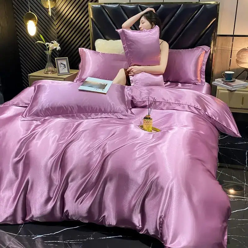 Luxurious lavender satin pcs duvet cover with smooth reflective finish from decorbites luxury silk bedding set