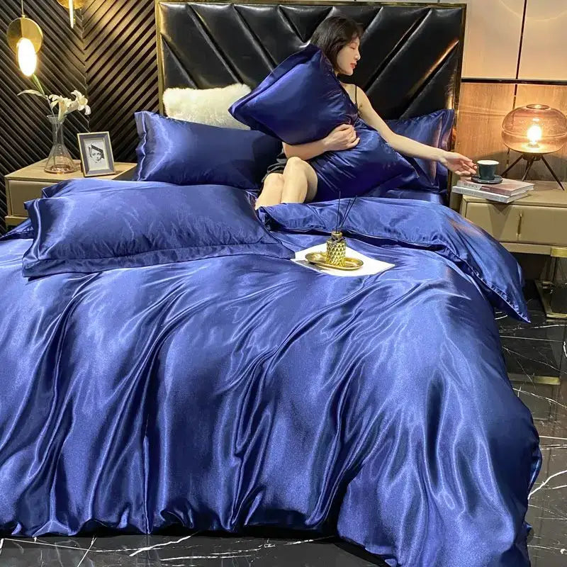 Deep royal blue satin pcs duvet cover set with a glossy luxurious finish from DecorBites luxury silk bedding collection