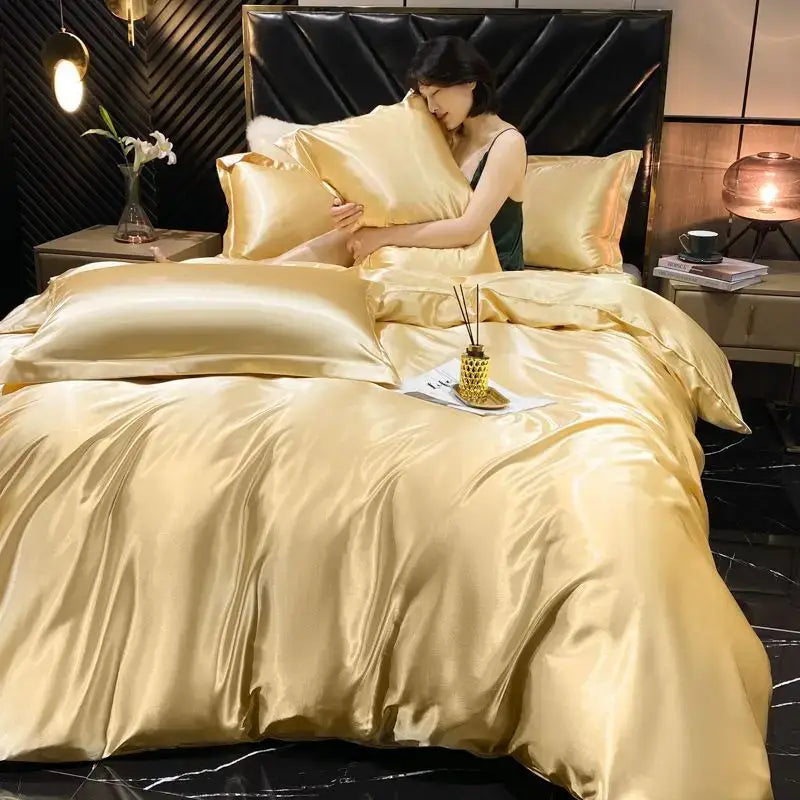 Golden satin decorbites luxury silk pcs duvet cover set with a smooth texture and elegant sheen for premium bedding