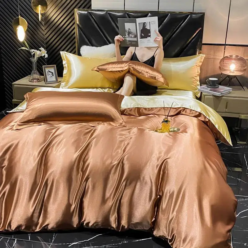 Decorbites luxury silk bedding set in glossy bronze satin with pcs duvet cover and matching pillows