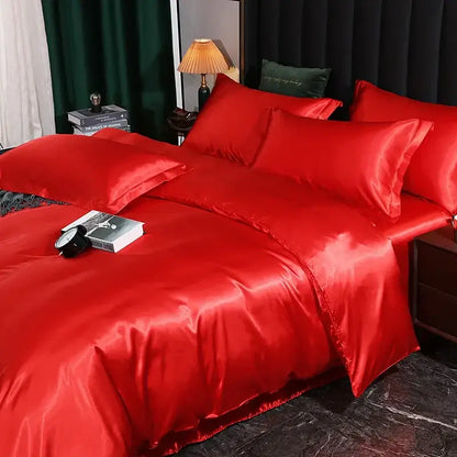 Lustrous red satin pcs duvet cover and bed sheet set from DecorBites™ luxury silk bedding collection in multiple sizes
