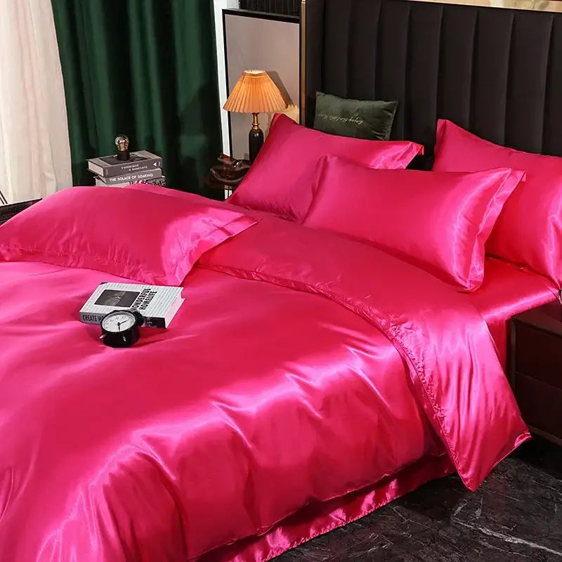 Vibrant fuchsia satin luxury silk bedding set with glossy smooth finish includes duvet cover and bed sheet pcs