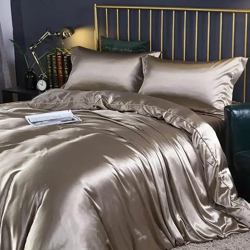 DecorBites luxury silk bedding set champagne satin duvet cover with smooth glossy finish and matching pcs duvet cover pillowcases