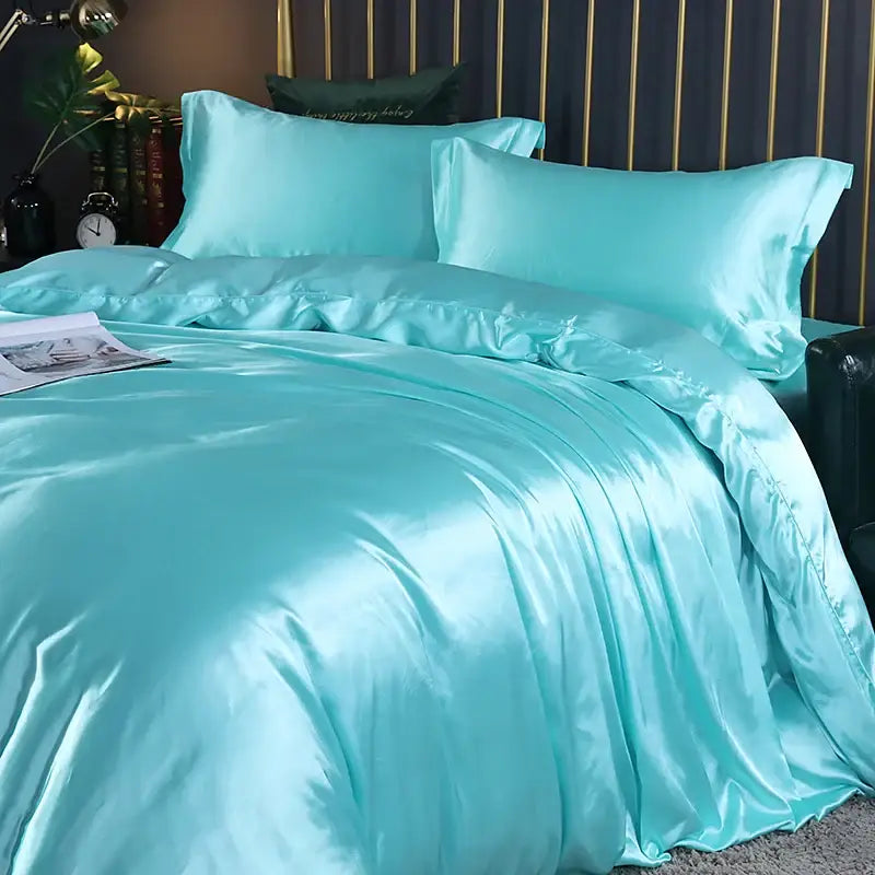 Turquoise satin duvet cover and bed sheet set with smooth glossy finish from decorbites luxury silk bedding pcs duvet cover