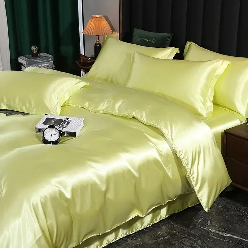 Luminous lime satin duvet cover and bed sheet set with smooth glossy finish by DecorBites™ luxury silk bedding set