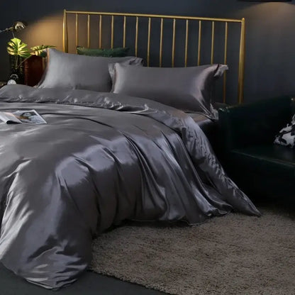 Decorbites luxury silk bedding set dark gray satin duvet cover with matching pcs duvet cover and bed sheet