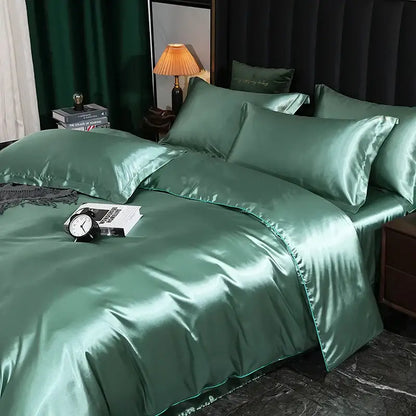 DecorBites luxury silk bedding set in emerald green satin with quilted duvet cover and matching pcs duvet cover pillows