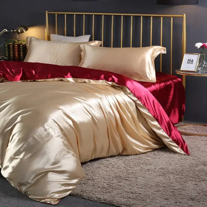DecorBites luxury silk duvet cover set in gold and burgundy satin with sleek reflective finish available in multiple sizes