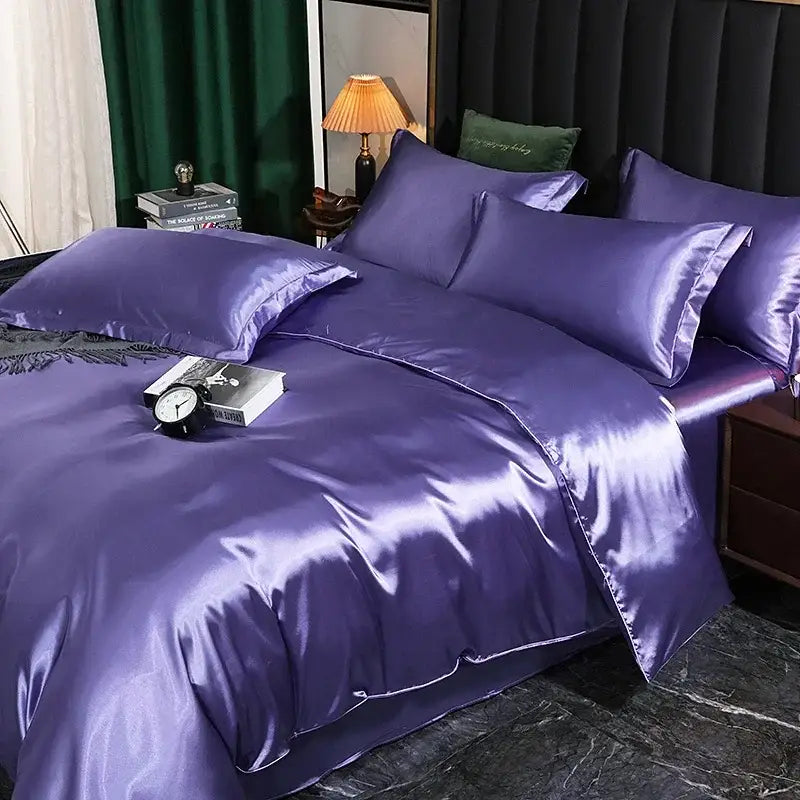 DecorBites™ luxury silk duvet cover set in lustrous purple satin with smooth reflective finish for elegant bedding