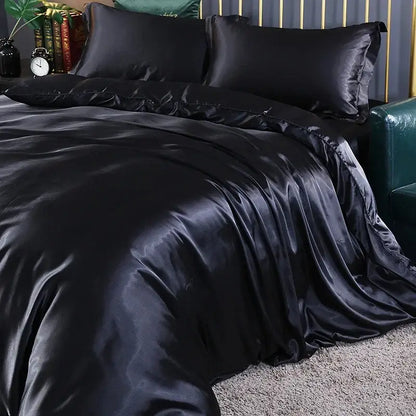 Black satin 3 pcs duvet cover set by decorbites luxury silk bedding with smooth glossy finish and elegant drape