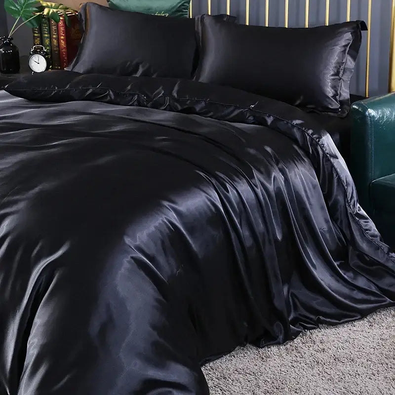 Decorbites™ luxury silk duvet cover set in black satin features smooth glossy finish with matching pcs duvet cover pillowcases