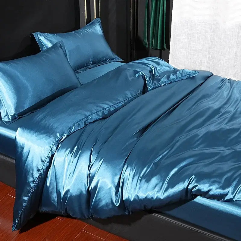 DecorBites luxury silk blue satin duvet cover and bed sheet set with glossy smooth texture and matching pillowcases pcs duvet cover