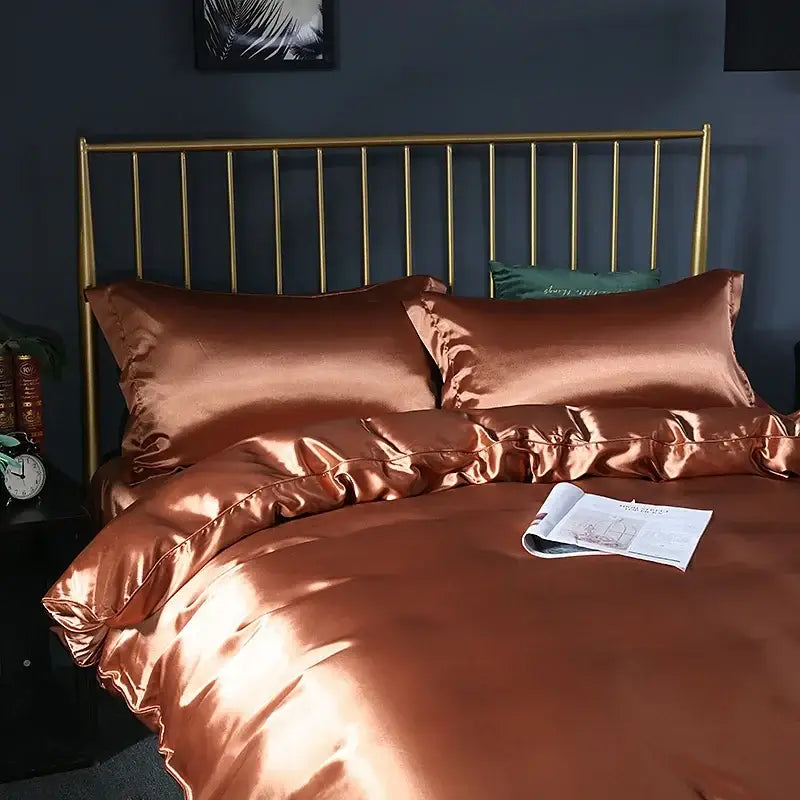 Decorbites luxury silk bedding set with copper-colored satin duvet cover and matching pcs duvet cover with smooth texture