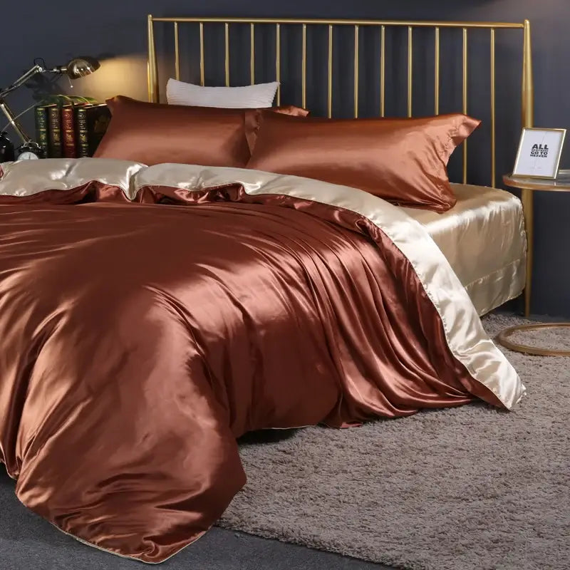 Copper satin duvet cover set with cream-colored satin trim from DecorBites luxury silk bedding set pcs duvet cover