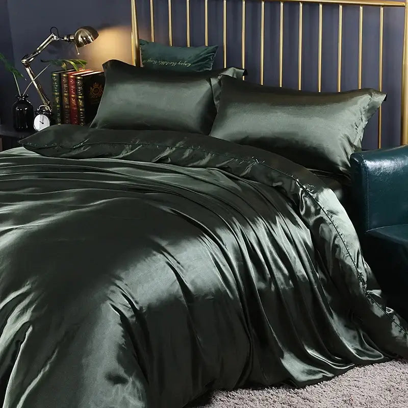 DecorBites™ luxury silk duvet cover set in deep emerald satin with matching pcs duvet cover and elegant sheen design