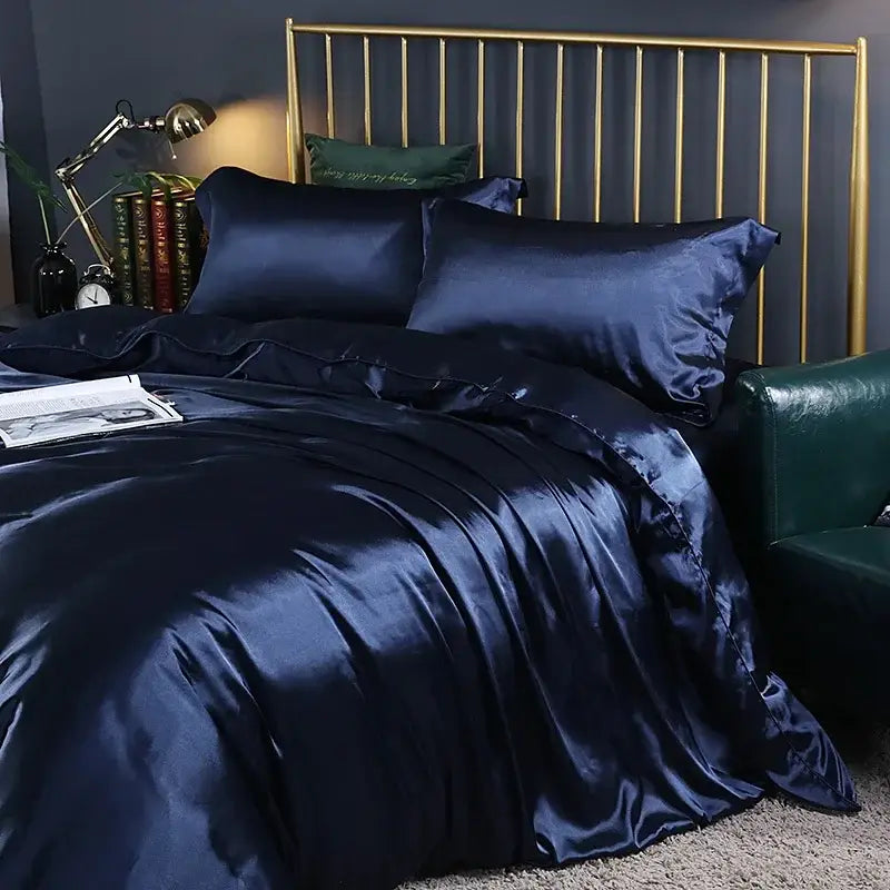 Deep navy satin duvet cover and bed sheet set from DecorBites™ luxury silk bedding set with a luxurious sheen