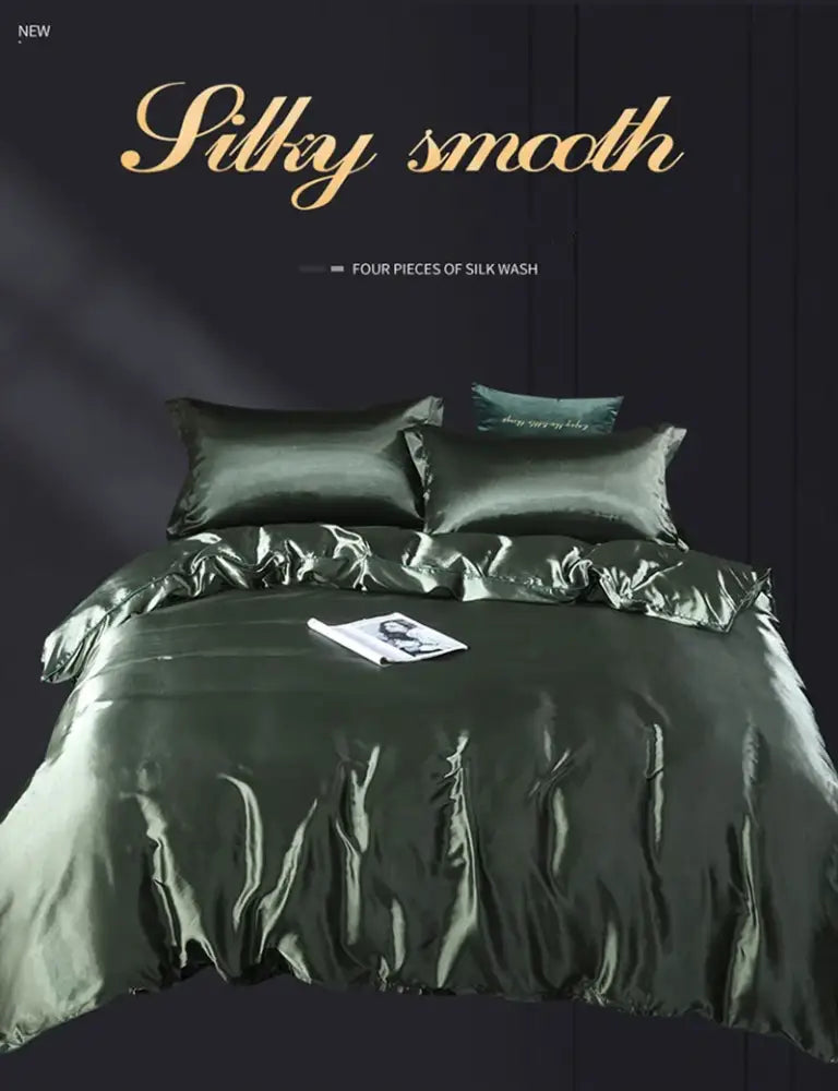 Deep emerald green silk satin duvet cover and bed sheet set with a silky smooth finish from decorbites luxury collection