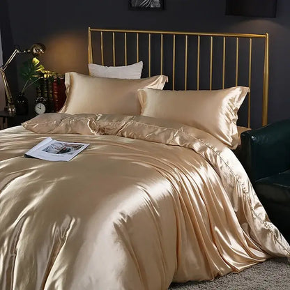 Glossy gold satin duvet cover set with matching pillowcases from DecorBites™ luxury silk bedding pcs duvet cover collection