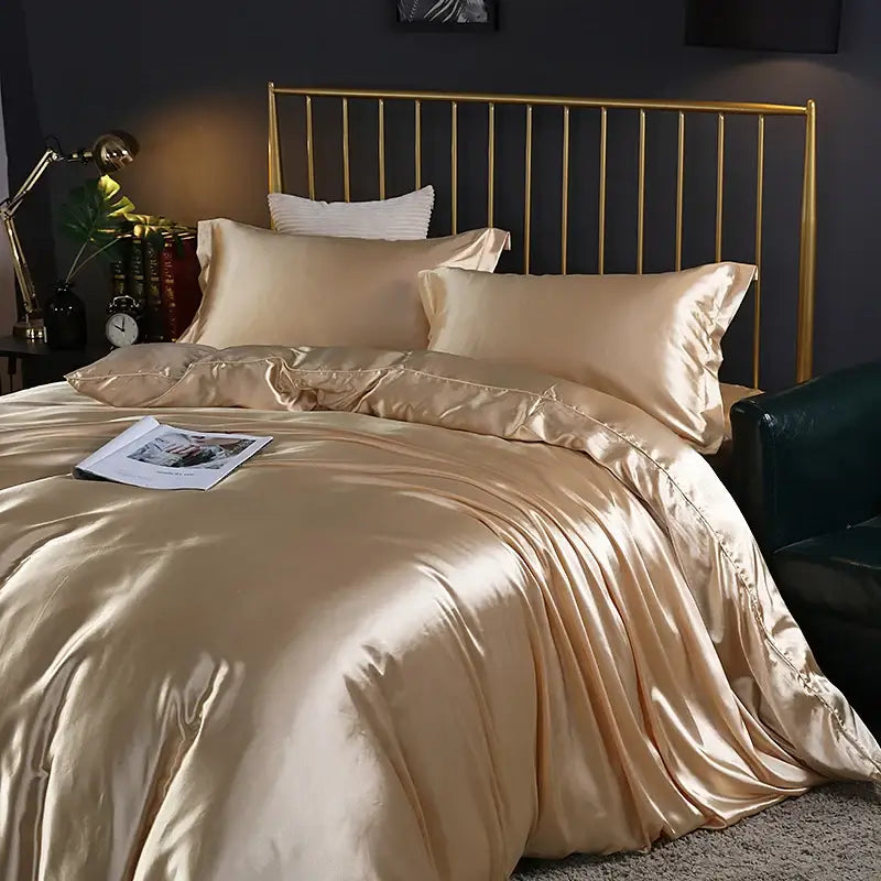 Glossy gold satin duvet cover set with matching pillowcases from DecorBites™ luxury silk bedding pcs duvet cover collection