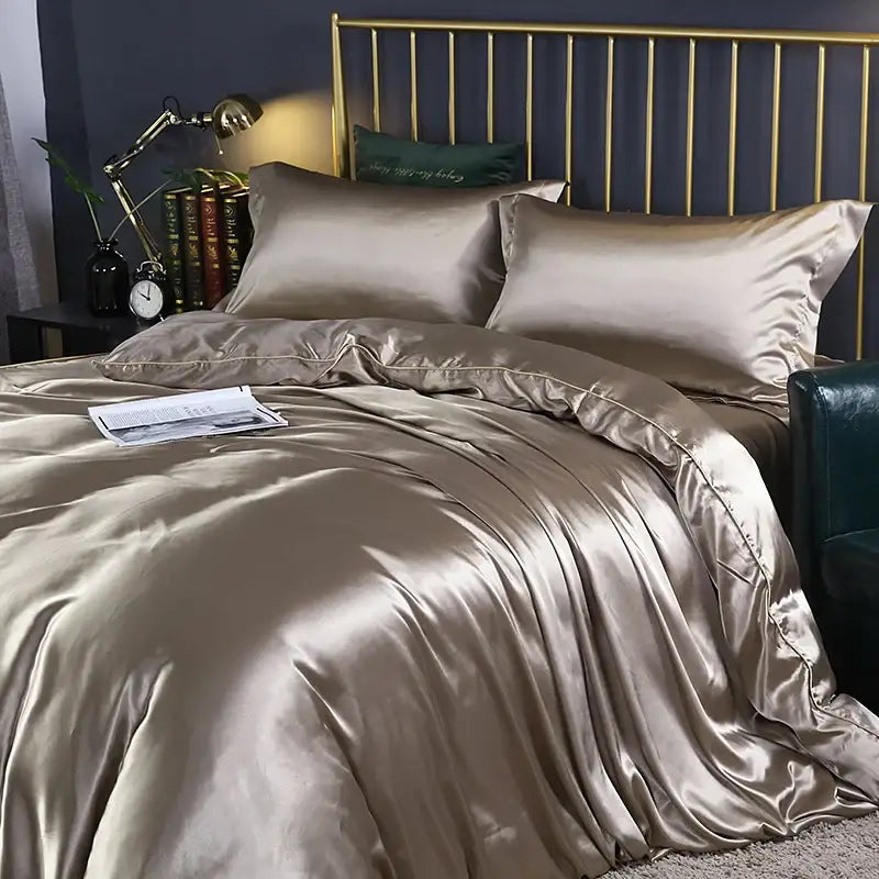 Decorbites luxury silk bedding set metallic gold satin pcs duvet cover with smooth reflective finish and stitched edges