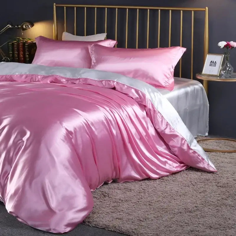 Decorbites luxury silk duvet cover set in pink satin with silver trim includes pcs duvet cover and bed sheet options