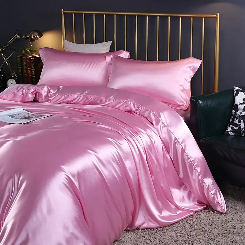 Pink satin duvet cover and matching pillowcases by decorbites luxury silk bedding set with glossy finish