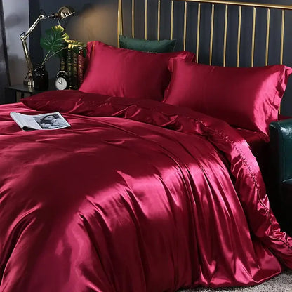DecorBites luxury silk bedding set in rich burgundy satin with glossy finish includes duvet cover and bed sheet pcs